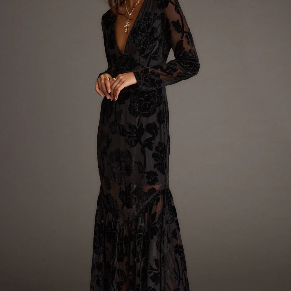 12th Tribe Black Floral Sheer V-Neck Maxi Dress